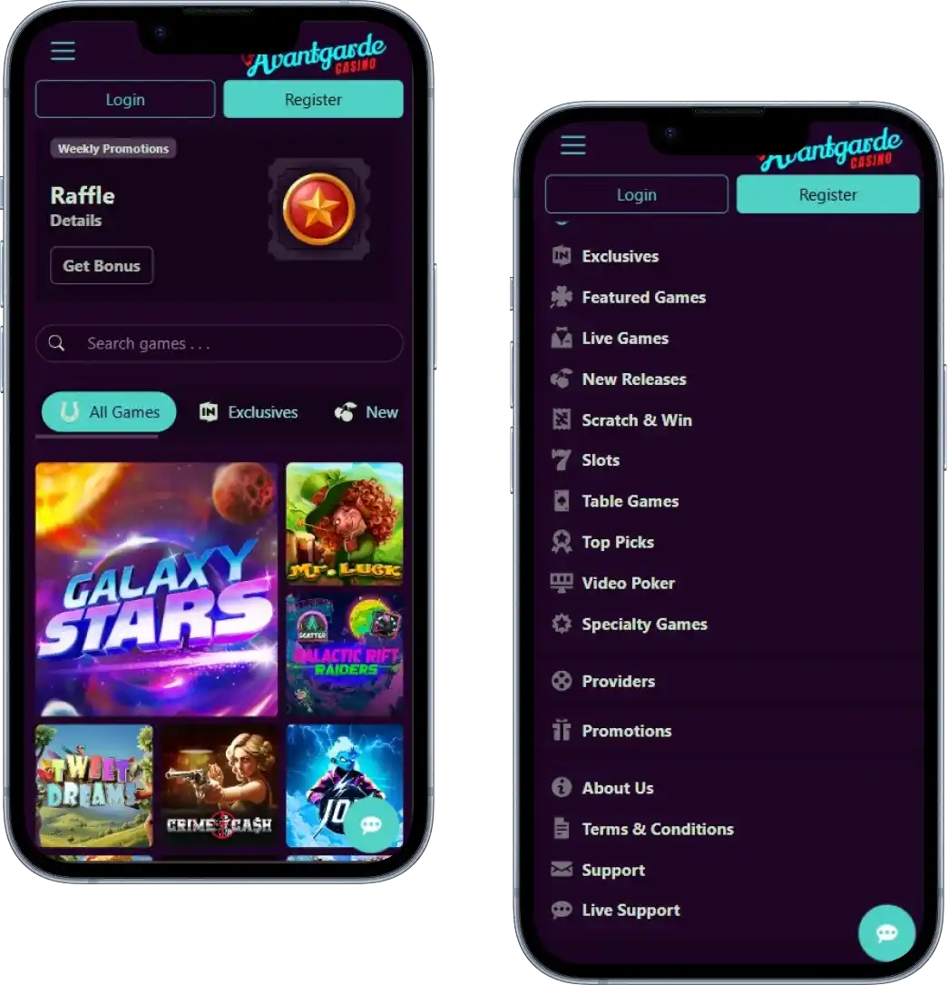 Avantgarde Casino mobile app lobby screenshot