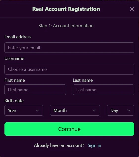 Avantgarde Casino real account registration form