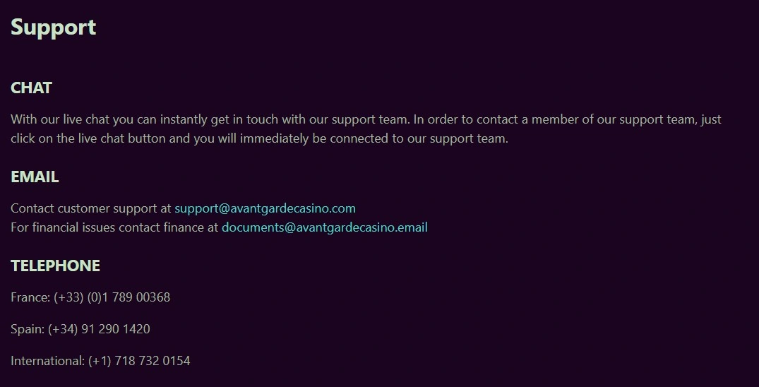 Avantgarde Casino chat email phone support